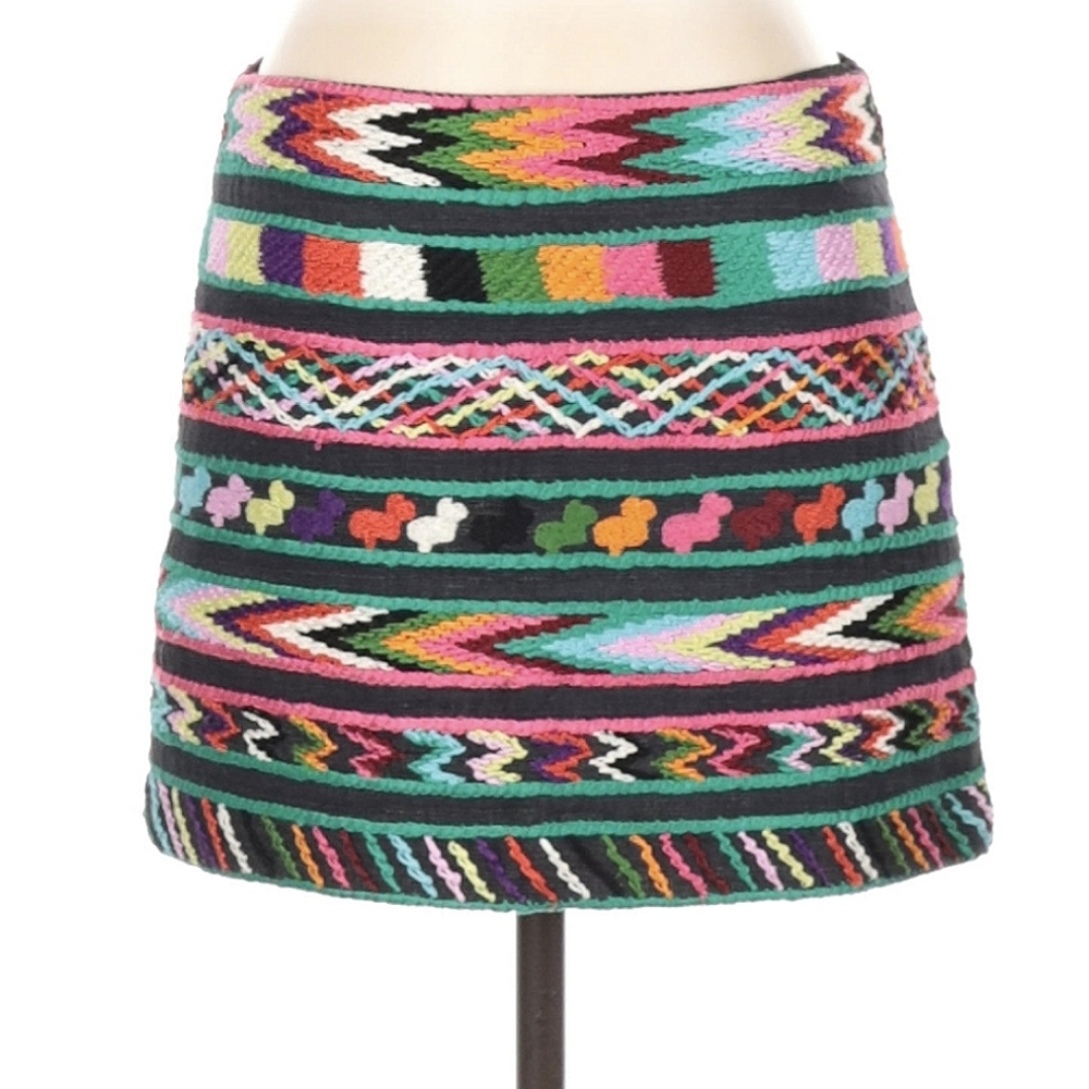 Silk Mayan Aztec Tribal Silk Embroidered Mini Skirt Colorful Tweed Ooak